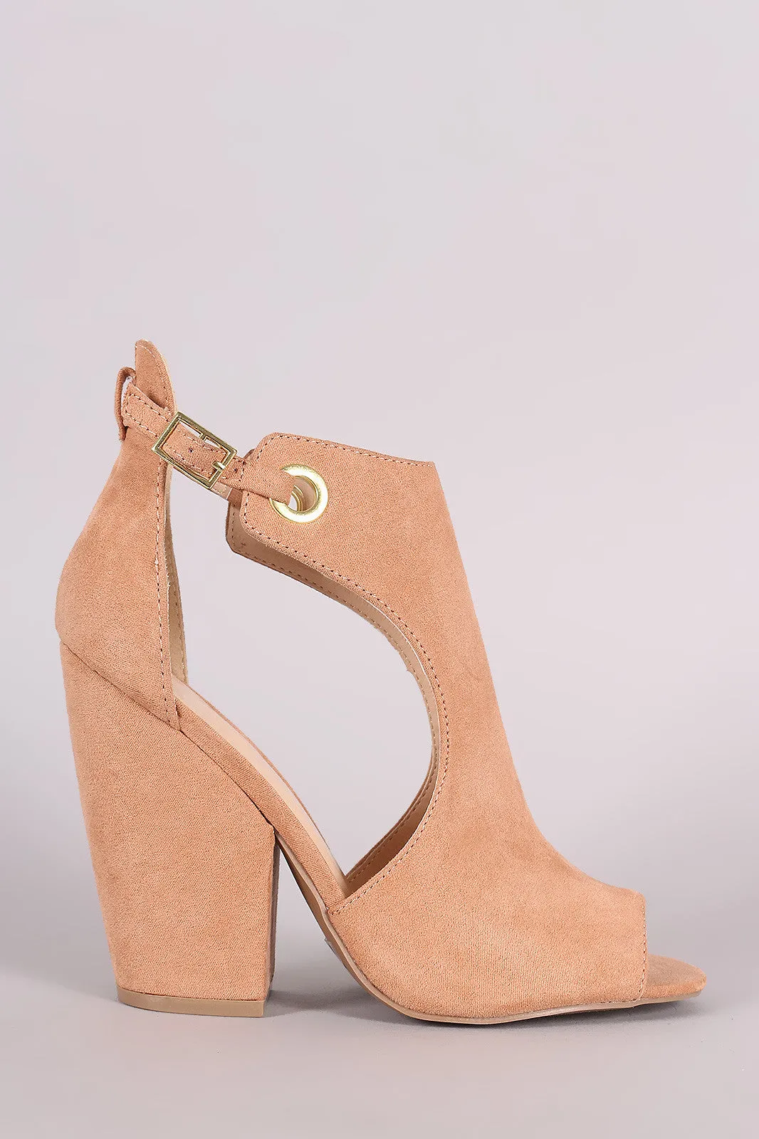 Bamboo Suede Peep Toe Grommet Buckle Booties