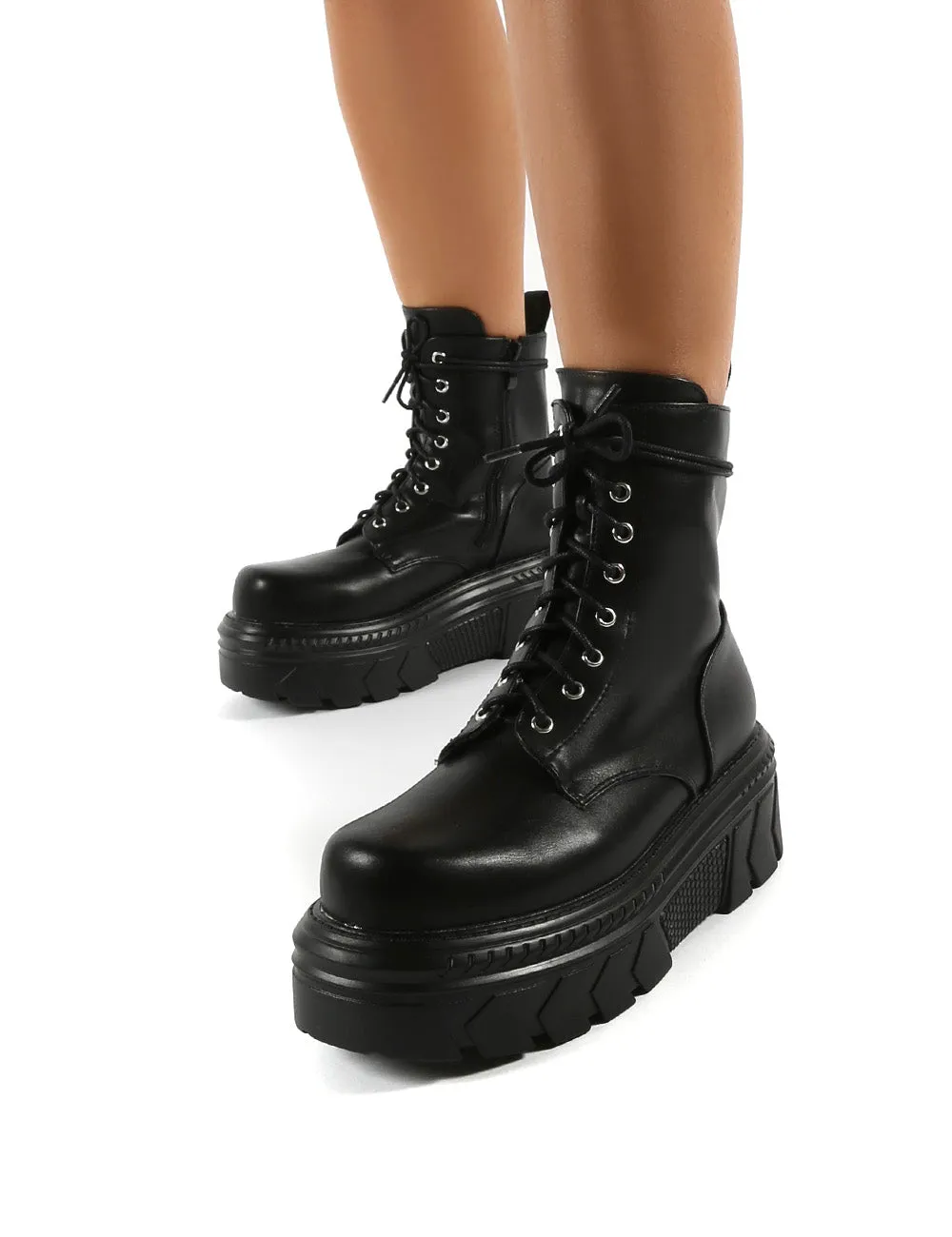 Capture Black Extreme Chunky Platform Sole Ankle Lace Up Boots