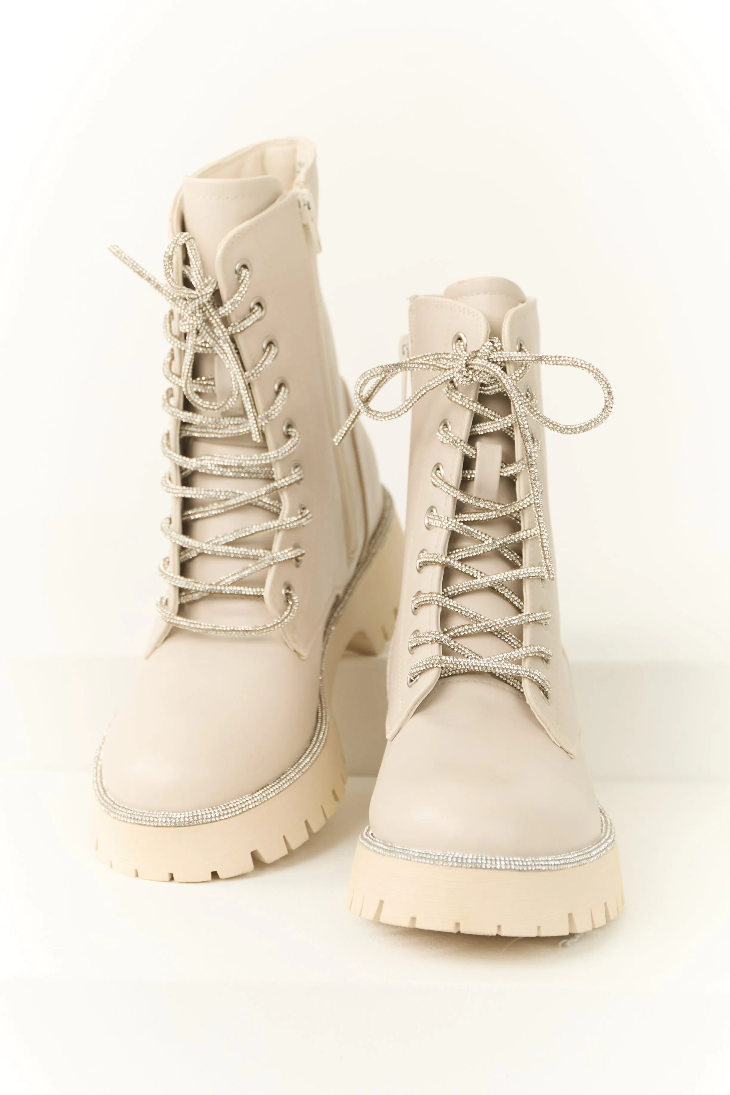 Coconut Rhinestone Detail Platform Combat Boots