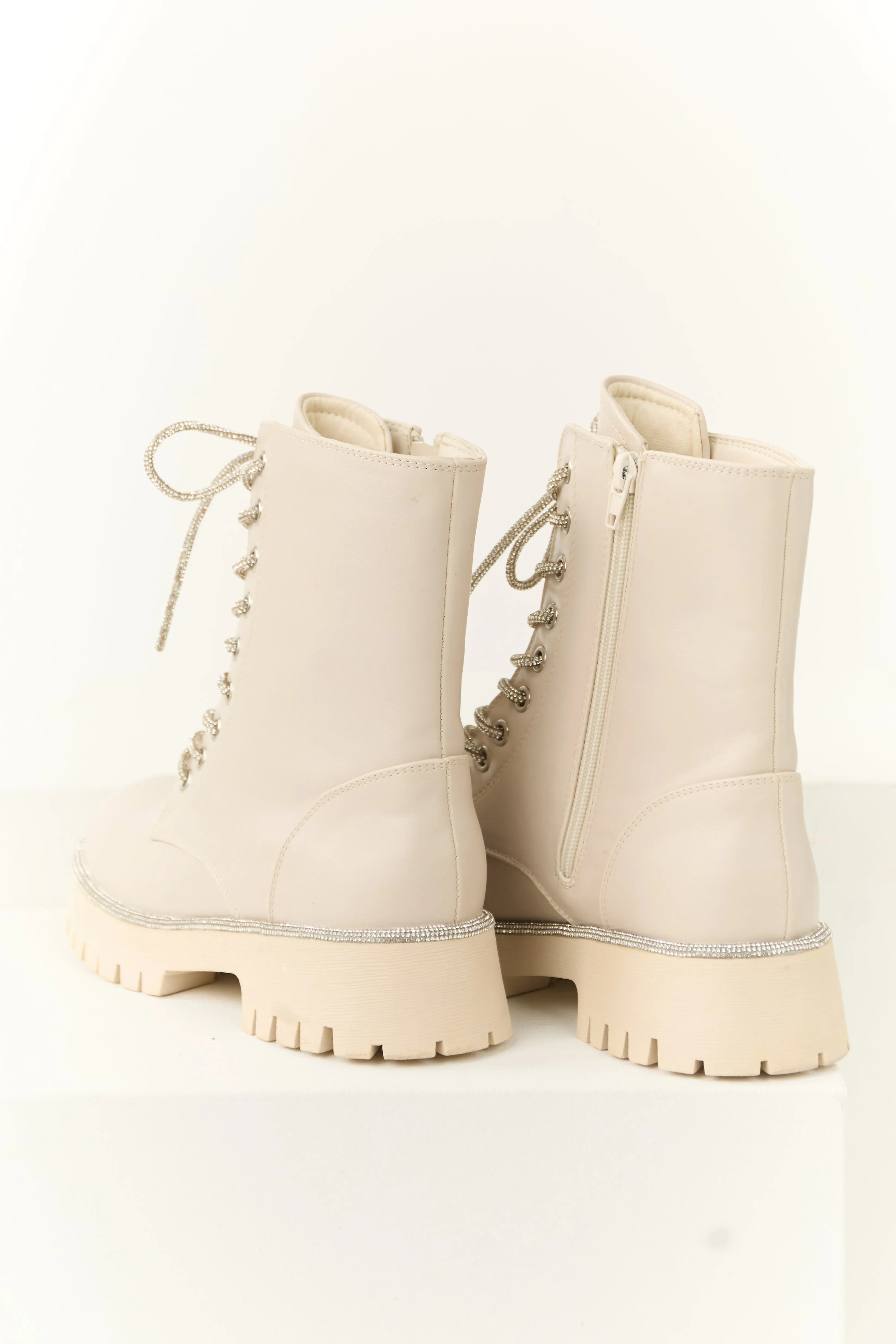 Coconut Rhinestone Detail Platform Combat Boots