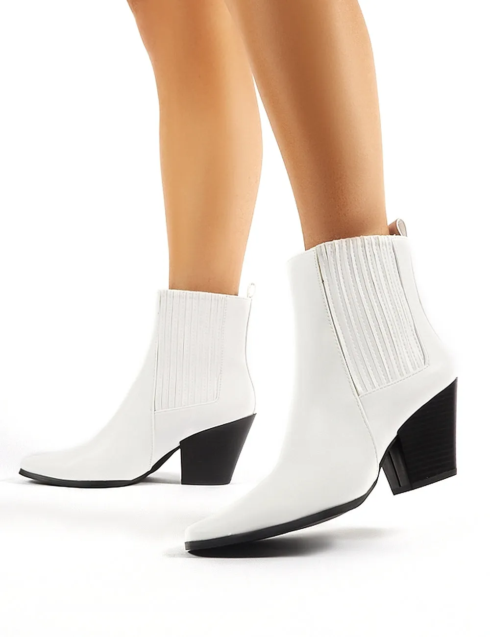 Hazy White Block Heeled Ankle Boots