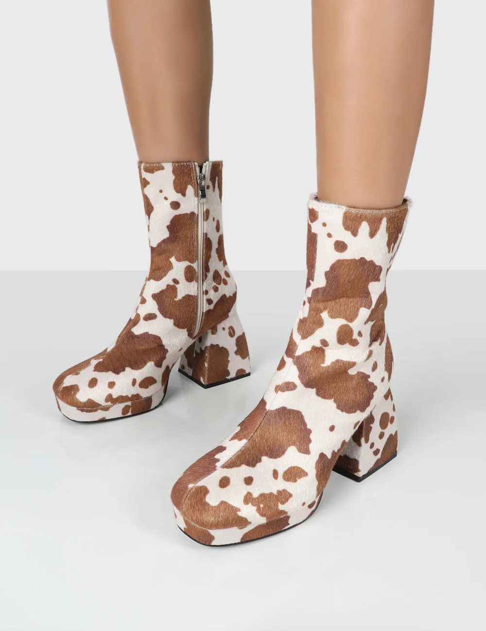 Imagine Wide Fit Brown Cow Print Chunky Heel Ankle Boots