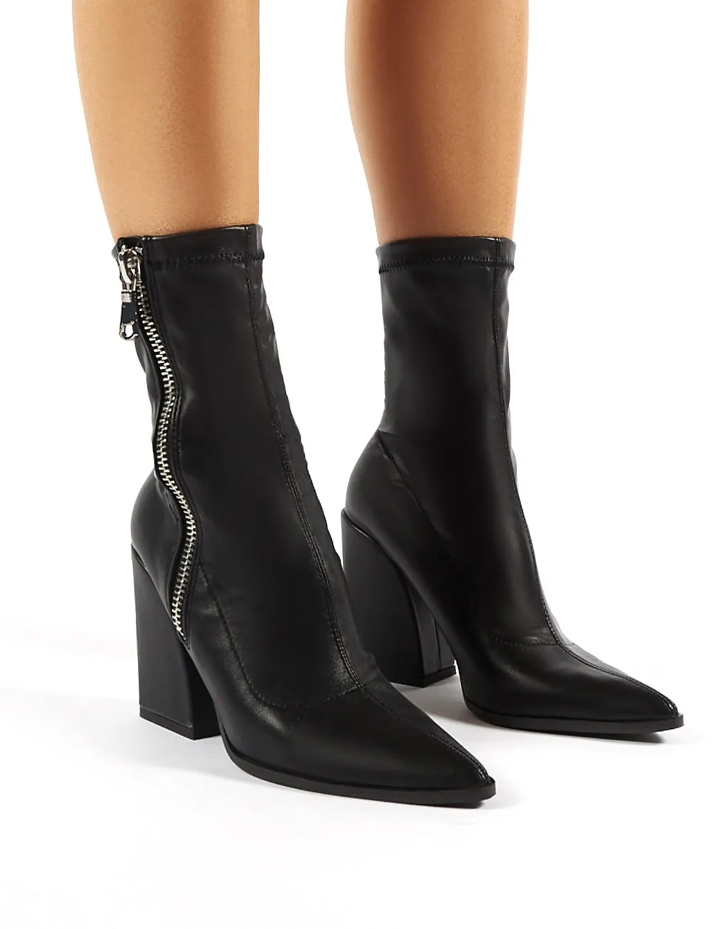 Jamie Black PU Sock Fit Block Heeled Ankle Boots