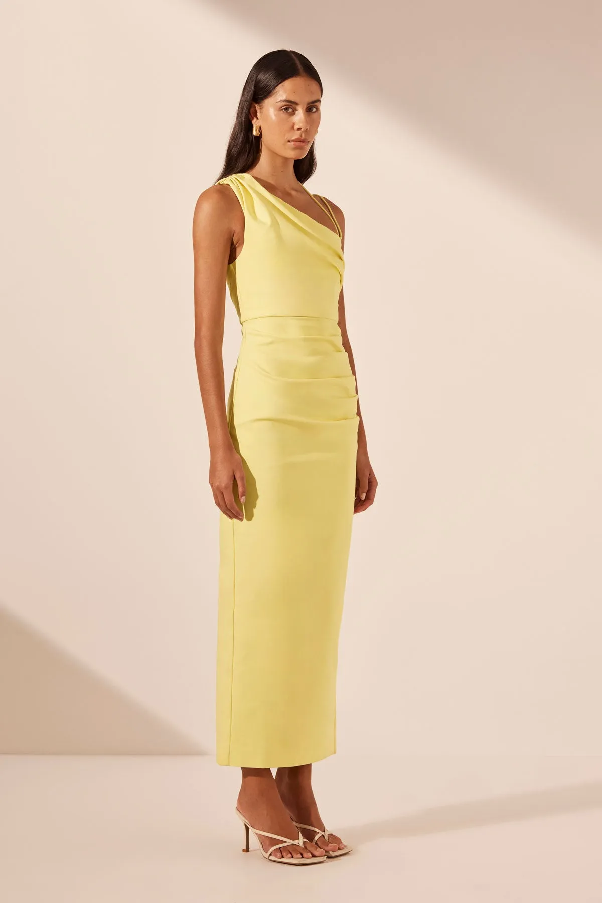 LANI ASYMMETRICAL GATHERED MIDI DRESS - LEMON