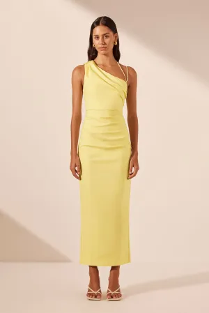 LANI ASYMMETRICAL GATHERED MIDI DRESS - LEMON