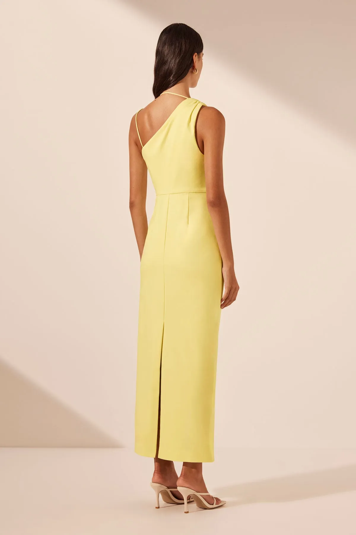 LANI ASYMMETRICAL GATHERED MIDI DRESS - LEMON