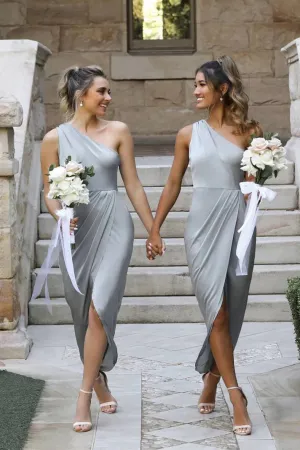 One Shoulder Asymmetrical Silver Bridesmaid Dress BD119