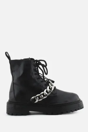 Pull & Bear Zipper Laces Chain Combat Ankle Boots | 100% Authentic Leather