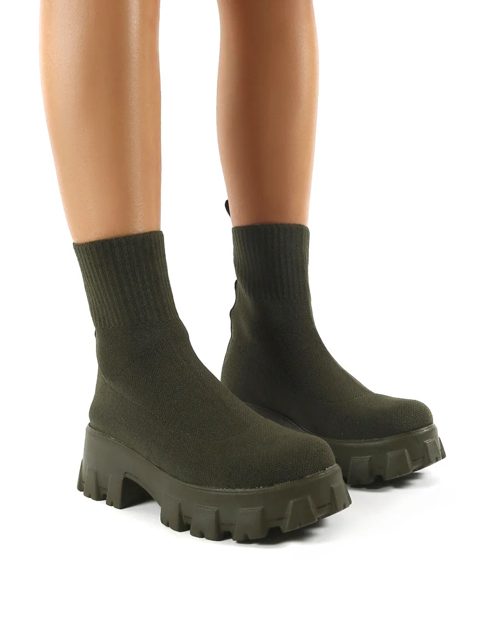 Trust Khaki Chunky Platform Sole Sock Ankle Boots