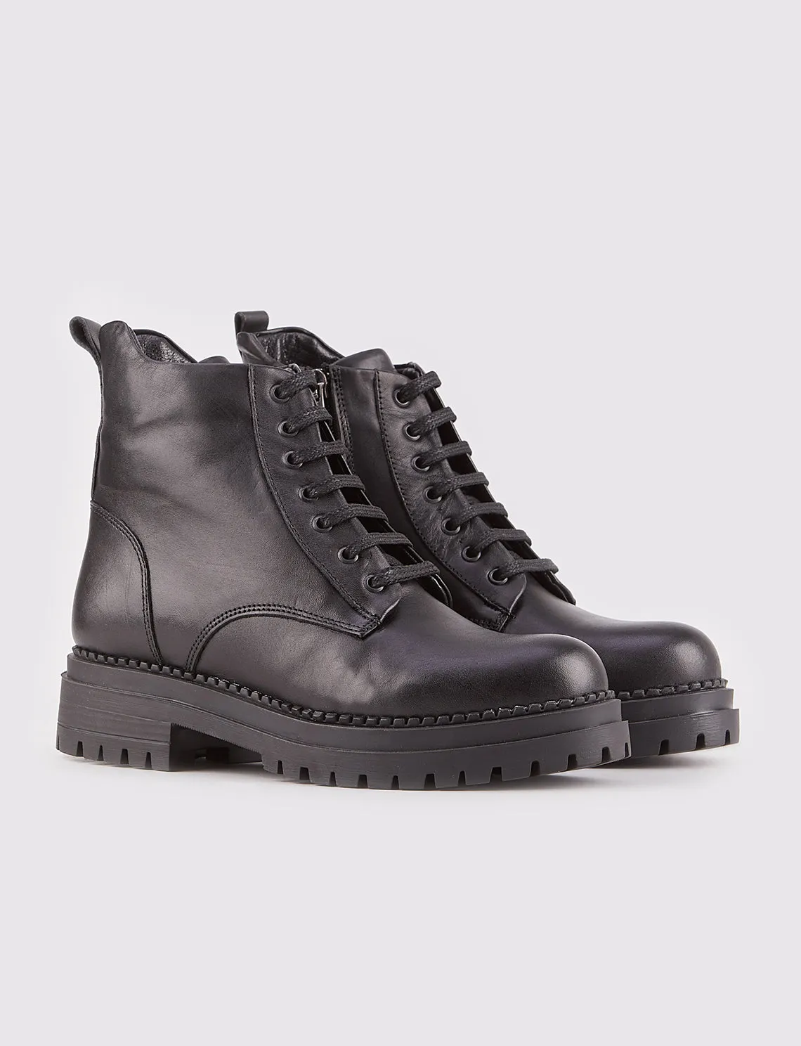 Women Black Genuine Leather Combat Boots