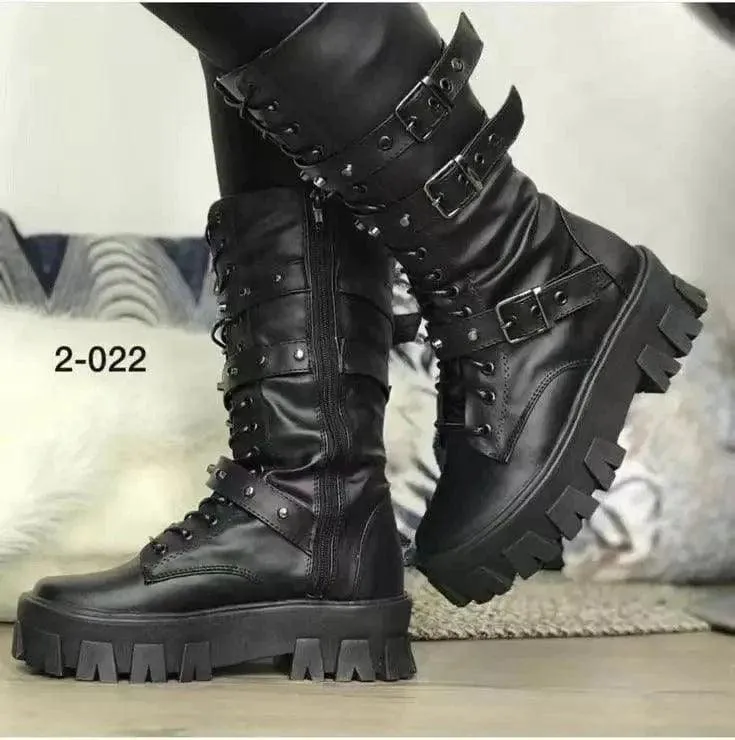 Women's Martin Boots Lace Up Combat Boot Mid Calf Platform